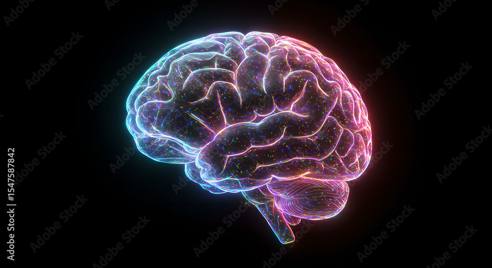 Human brain with glowing lines and particles representing neural network. Artificial intelligence and digital learning concept. Medical technology. Human brain with glowing lines and particles representing neural network. Artificial intelligence and digital learning concept. Medical technology.