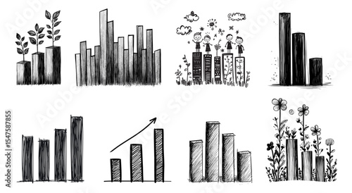 Growth chart showing isolated sketch concepts of progress and nature  