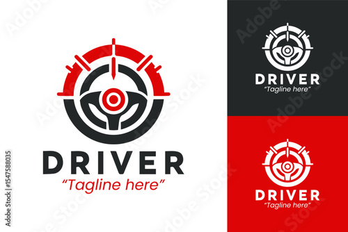 Modern Driver Logo with Helmet and Steering Wheel for Racing and Car Services
