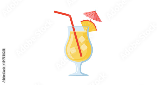 Vector Cartoon Illustration of a Pina Colada in a Glass with Umbrella and Straw