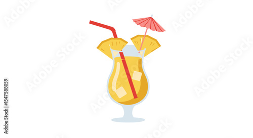 Vector Cartoon Illustration of a Pina Colada in a Glass with Umbrella and Straw