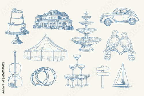 Toile de Jouy inspired wedding timeline illustration. Wedding hand dawn ceremony icon. Elegant line art minimalist venue sketch. Elements for wedding, monogram, invitation, greeting, birthday card.