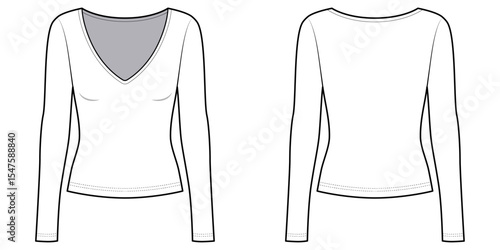Women's V Neck Slim Fit Long Sleeve - Technical Illustration-Front and Back View- Cad/ Vector Illustration