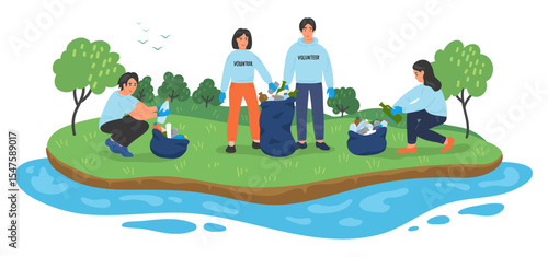 Environmental volunteer activists cleaning riverbank.
