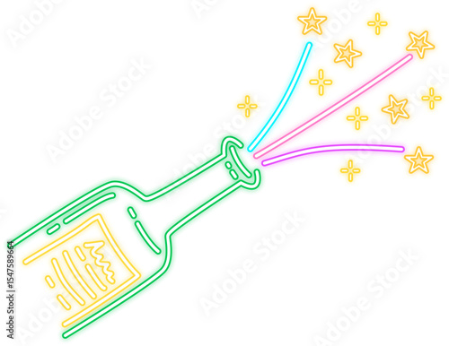 Neon Glow Champagne Bottle with Stars Illustration
