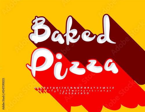 Vector Advertising poster Baked Pizza. Playful 3D Alphabet Letters and Numbers set. Modern Font with Big Red Shadow