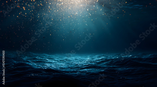 Wide underwater ocean view with floating particles and haze 