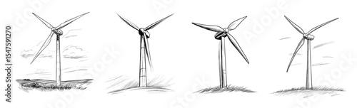 Sketches of wind turbines in various positions and styles, concept of isolated sketch  