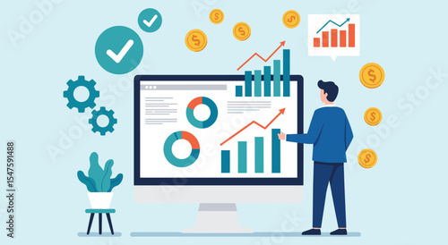  Financial Performance Analysis and Business Growth Monitoring: Man Examining Digital Charts, Graphs, and Data on Computer for Investment, Success, and Strategy