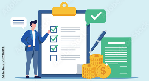 Financial Checklist and Budget Management: Man Reviewing Checklist with Coins, Pen, and Document for Expense Tracking, Financial Planning, and Investment Goals