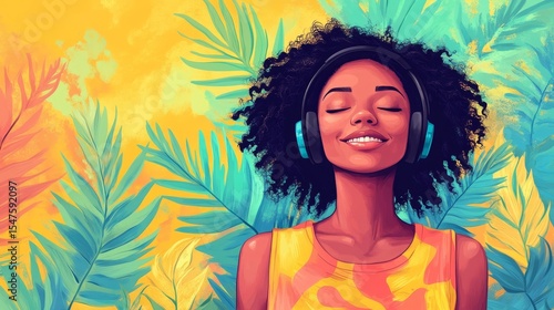 Colorful background with a happy woman listening to music on headphones, enjoying the rhythm and  the joy of sound, Generative AI