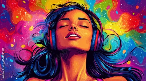 Colorful background with a happy woman listening to music on headphones, enjoying the rhythm and  the joy of sound, Generative AI