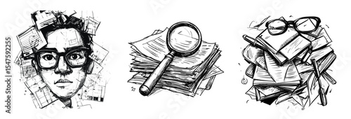 Man surrounded by cluttered papers with glasses and a magnifying glass - Concept of isolated sketch  