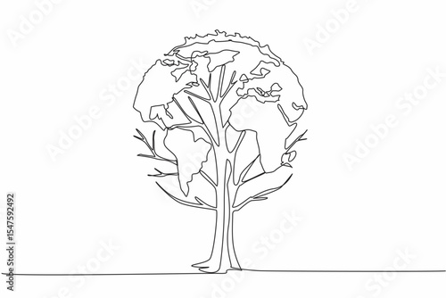 Single one line drawing a tree whose leaves form a globe. A sign. Symbolism. A dense tree is good for the earth. Eco friendly. Anti pollution. Day of Trees. Continuous line design graphic illustration