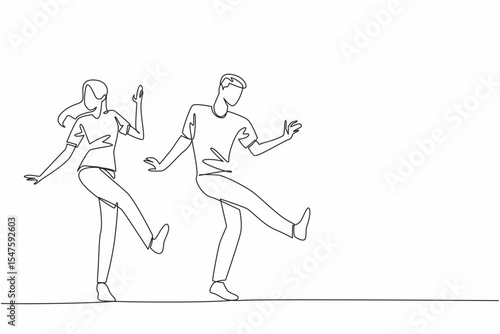 Single one line drawing husband and wife dancing. Like dancing ska. Following the trumpet beat. In rhythm. In tune. Pleasant. International Dance Day. Continuous line design graphic illustration