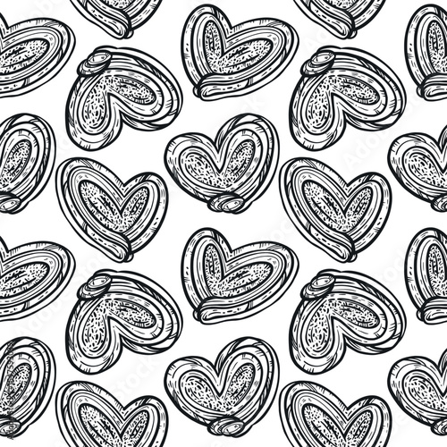 Seamless vector pattern of sweet buns, buns. All objects are hand-drawn in vector in gray. For printing on wrapping paper, fabric, for the design of shops, bakeries and pastry shops.