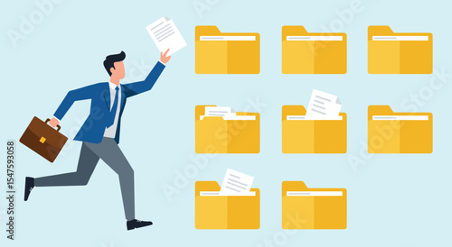 Efficient File Management and Document Organization: Businessman Running with Files Towards Organized Folders for Streamlined Workflow and Data Handling, Digital Filing System