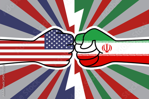 USA war with Iran. Fists with United States and Iranian flags hit each other. Tensions, war in the Middle East. Nuclear threat. Military, political confrontation, crisis. Vector flat illustration