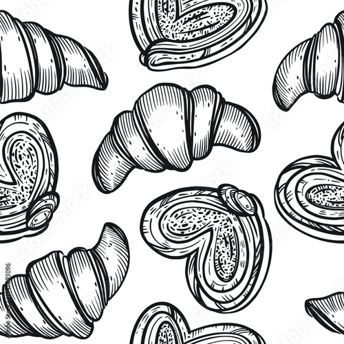 Seamless vector pattern. Pastries, buns, buns, croissants, cheesecakes, all objects are hand-drawn with ink. Suitable for printing on paper, product packaging, bakery design, confectionery.