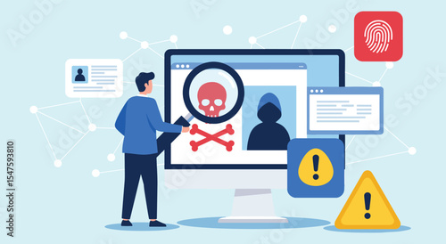Cybersecurity Threat Detection and Digital Forensics: Man Analyzing Online Malicious Activity, Identity Theft, and Data Breach Warnings on Computer Screen
