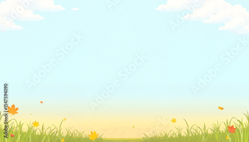 Cartoon autumn meadow, blue, green and yellow colors, idyllic background with copy space words + concept