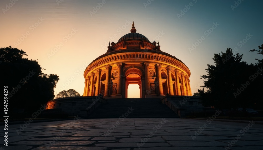 Obraz premium Dramatic Sunset Illuminates Historic Building Architecture with Majestic Columns Silhouette