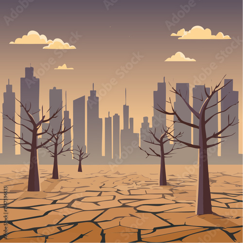Dry cracked land and dead trees in front of a metropolis during a drought