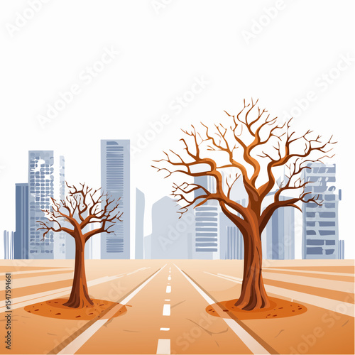 Dry trees growing in cracked soil leading to abandoned city