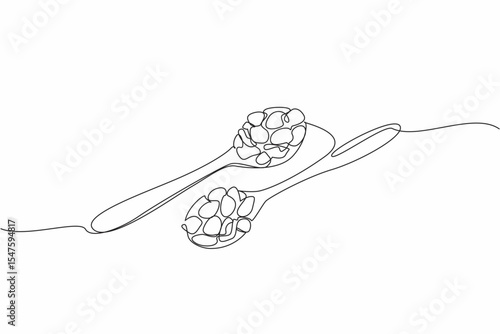 Continuous one line drawing raisins on two wooden spoons. Dry snack. Can also be used as topping on bread. Unique and refreshing taste. National Raisin Day. Single line draw design vector illustration