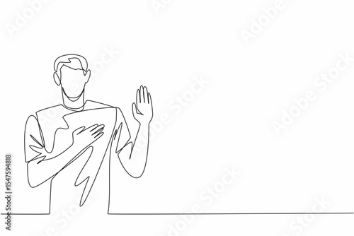 Single continuous line drawing man in casual clothes posing swear gesture. Honest and trustworthy nature. Has many friends and relations. National Honesty Day. One line design vector illustration