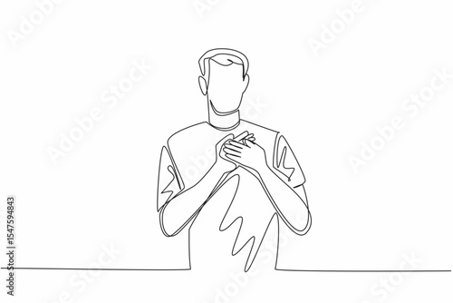 Single one line drawing man poses with crossed palms on left chest. The deepest gratitude. A pleasant positive gesture. Grateful. National Honesty Day. Continuous line design graphic illustration