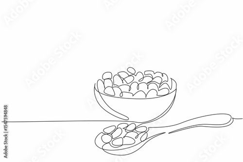 Single one line drawing raisins on a small wooden bowl and on a wooden spoon. Derived from dried grapes. Unique sweet and sour. Tasty. National Raisin Day. Continuous line design graphic illustration