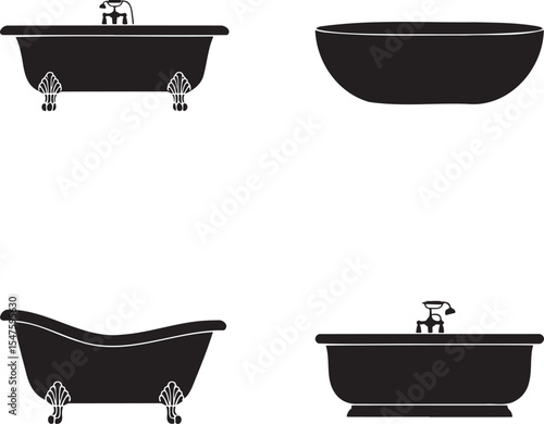 Bath tub silhouette set vector illustration isolated On Transparent Background
