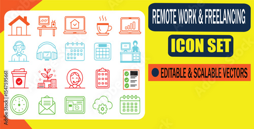 Essential outline icons for remote work freelancing and working from home in vector format