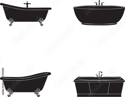 Bath tub silhouette set vector illustration isolated On Transparent Background