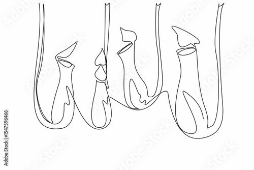 Continuous one line drawing some nepenthes hanging. Plants that produce acidic fluids to digest insects. The pitcher plants. World Carnivorous Plant Day. Single line draw design vector illustration