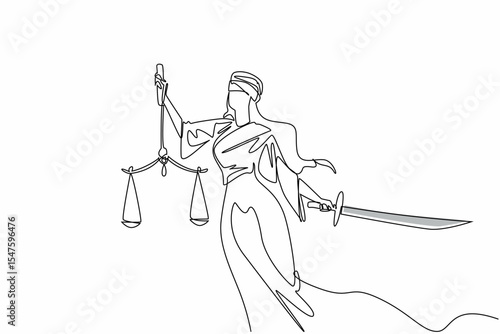 Single one line drawing woman with her eyes covered by cloth holding scales and sword. Symbolism. All are equal before the law. Uphold the law. Law Day. Continuous line design graphic illustration