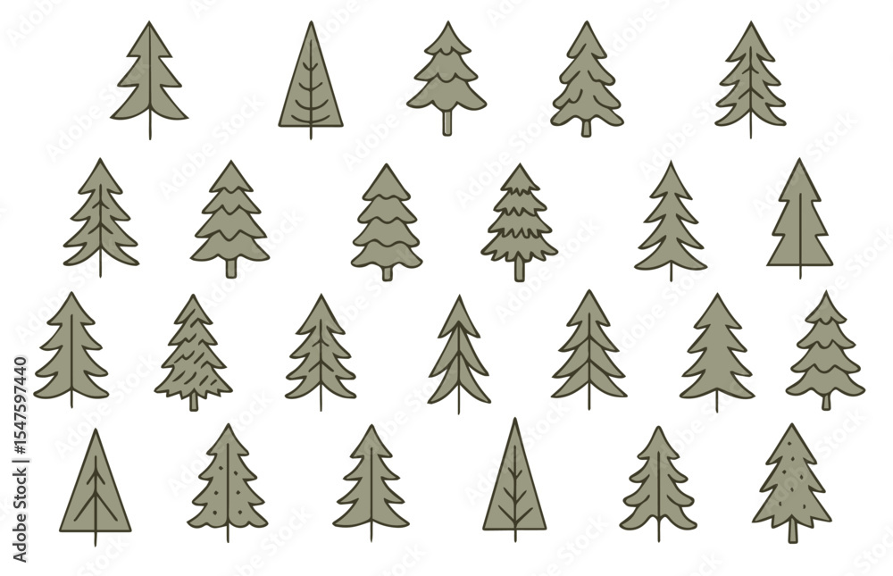 Obraz premium Big Set of green Christmas trees. Christmas tree icons in doodle style. Trendy design for greeting cards, posters, t-shirts, banners, flyers, websites, printable invitations. Vector 