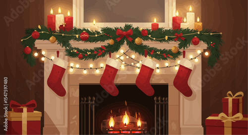 Christmas fireplace with stockings, candles, and gifts in festive decor  