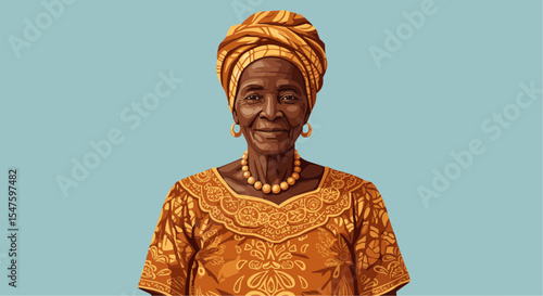 Elderly woman smiling in traditional dress with headscarf on blue background  