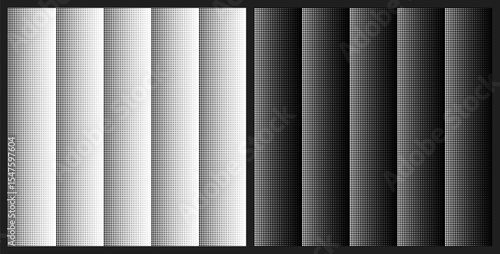 Classic dotted halftone grid seamless pattern. Vertical stripes of black white textured color gradient. Grainy geometrical disappearing noise. Vector print for fabric, interior textile, backdrop.