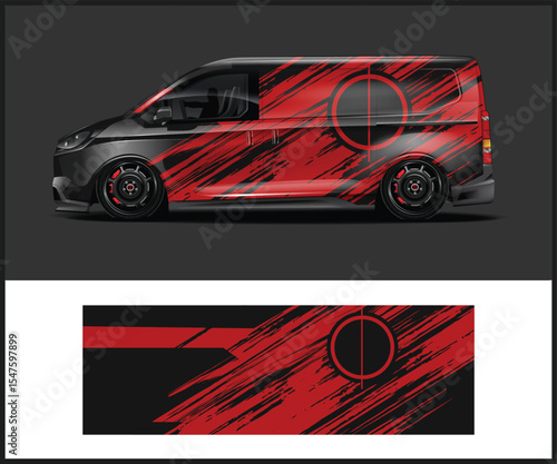 Modern van with dynamic red abstract graphic wrap design and black accents