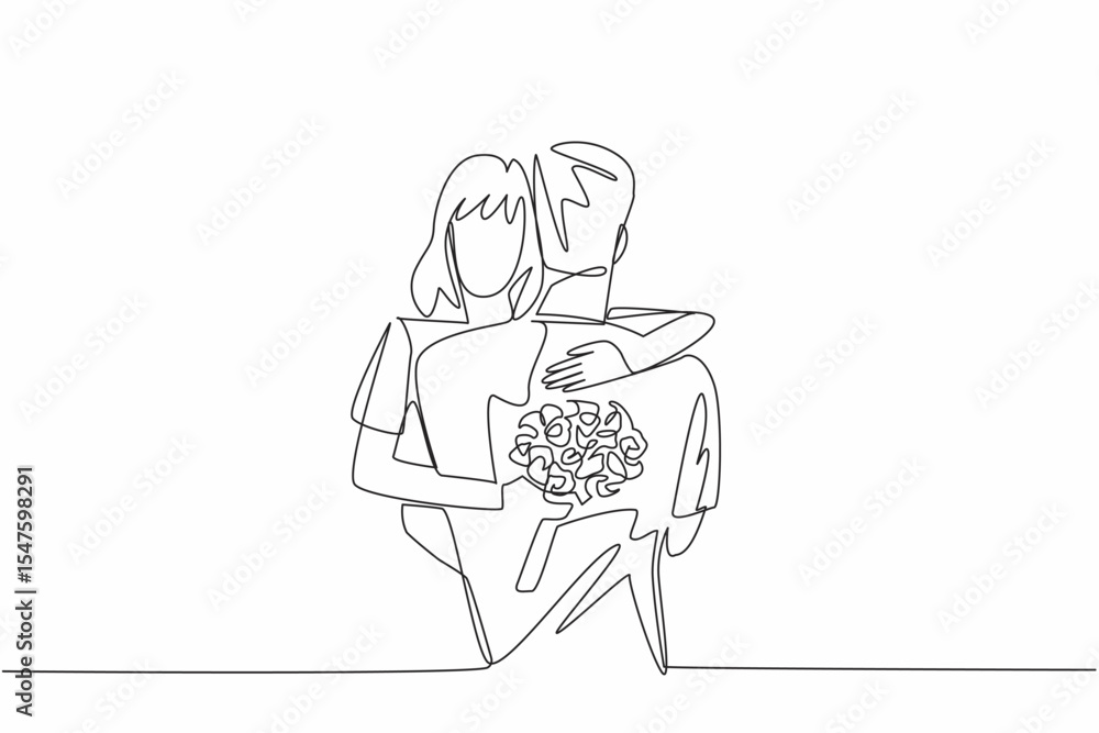 Fototapeta premium Single continuous line drawing husband and wife hugging with wife carrying a bouquet of flowers. Expression of deepest affection. Love. Couple Appreciation Day. One line design vector illustration