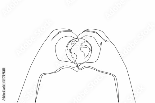 Continuous one line drawing 2 hands forming heart shape and in the middle of the hands is round globe. Protecting the earth with all love. Global Love Day. Single line draw design vector illustration