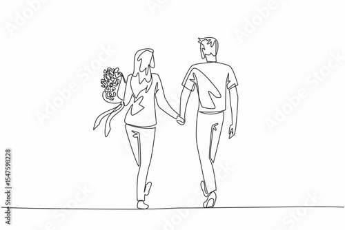 Single one line drawing a couple walking hand in hand and the wife carrying a bouquet of flowers. Towards happiness together. Love. Couple Appreciation Day. Continuous line design graphic illustration