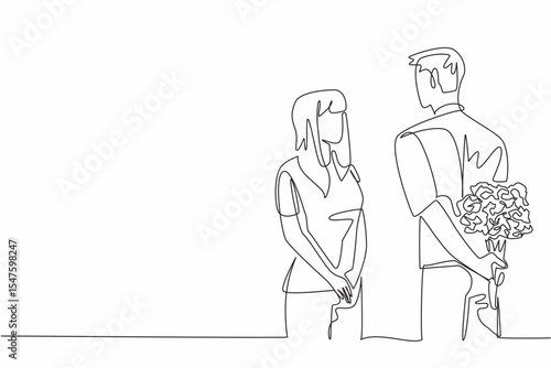 Single continuous line drawing husband brings bouquet of flowers and hides it behind back. Beautiful flowers for the most beautiful wife. Couple Appreciation Day. One line design vector illustration