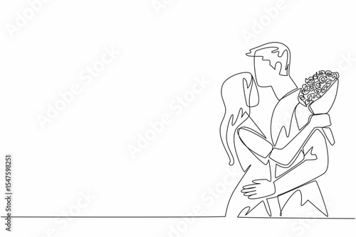 Single continuous line drawing husband kisses forehead of wife while wife holds a bouquet of flowers. The deepest love for wife. Romance. Couple Appreciation Day. One line design vector illustration