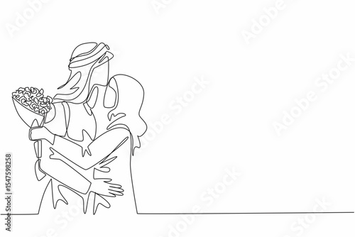 Single one line drawing husband kiss forehead of wife while wife holds bouquet of flowers. Expression of gratitude. Deepest thanks. Couple Appreciation Day. Continuous line design graphic illustration