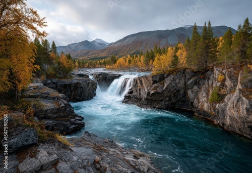 Autumn Waterfall Landscape: Turquoise River and Golden Trees