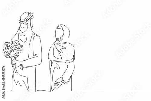 Single one line drawing husband brings a bouquet of flowers and hides it behind his back. A pleasant surprise for the wife. Love. Couple Appreciation Day. Continuous line design graphic illustration